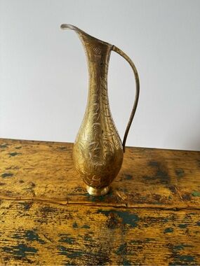 Brass Engraved Decorative Ewer Vase - Gold Finish